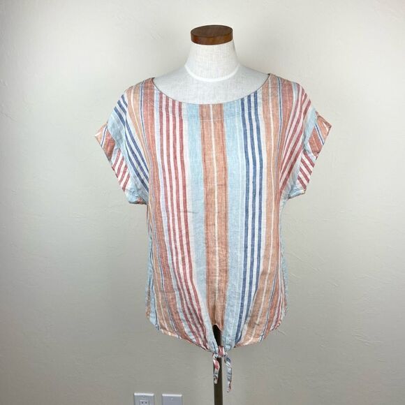 L.L. Bean Signature Short Sleeve Linen Front-Tie Top - Picture 1 of 6